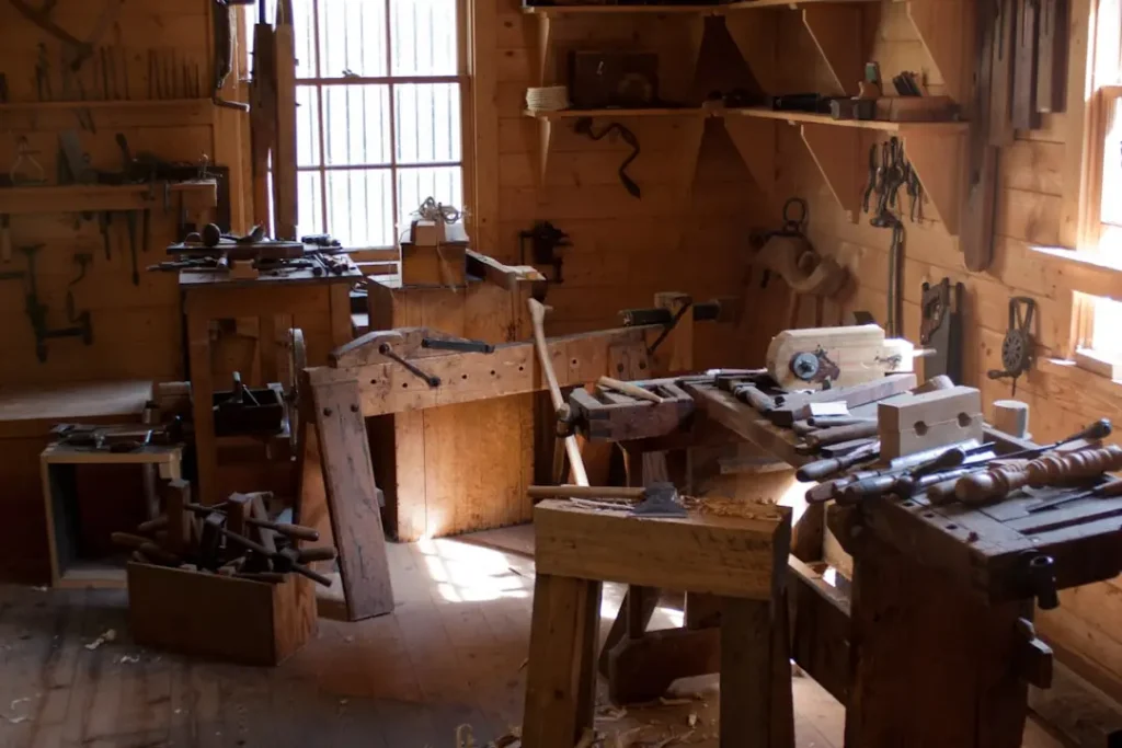 Traditional woodworking workshop with hand tools for custom furniture making